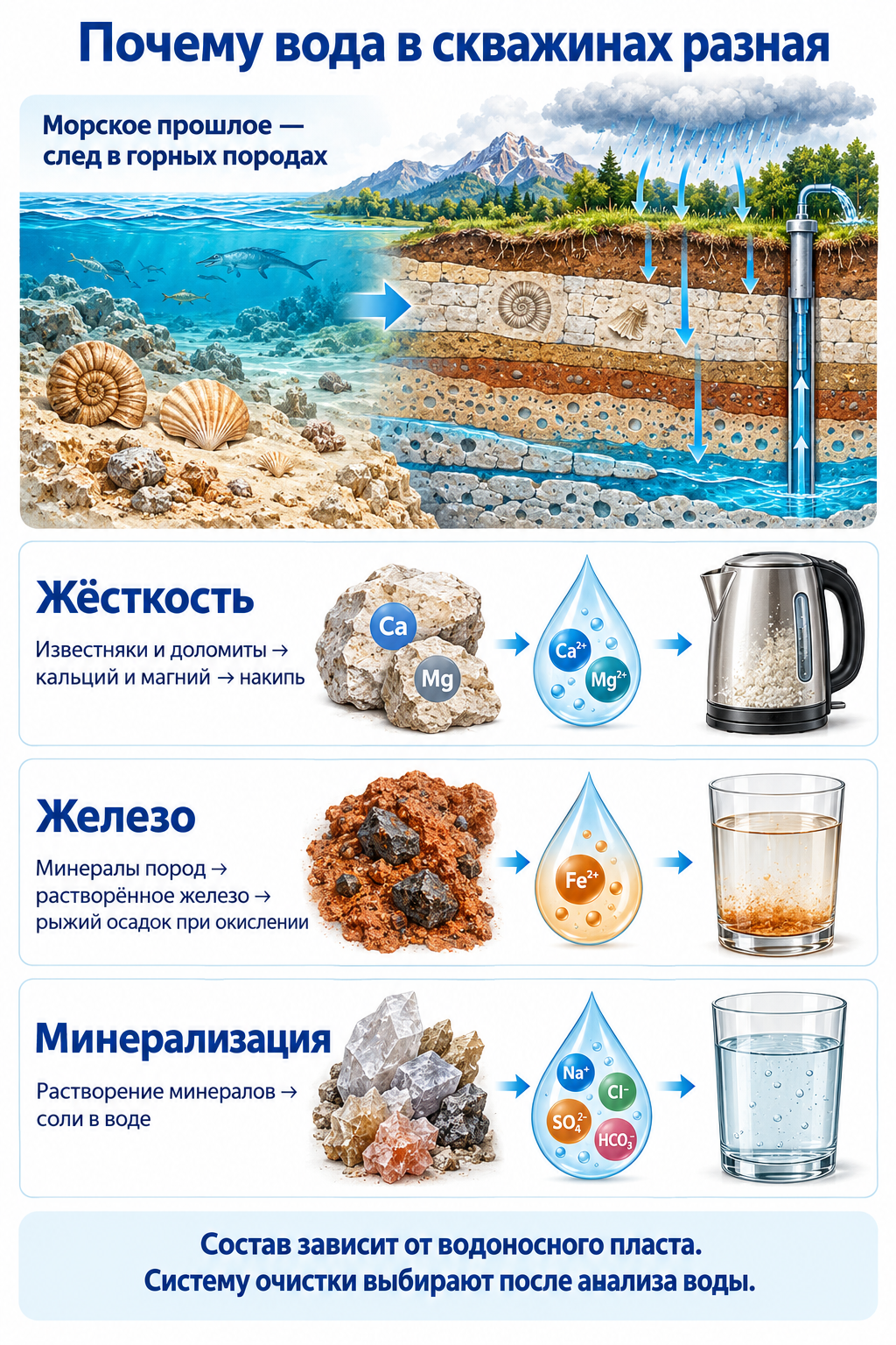 Схема происхождения состава воды: морские отложения и водоносные породы; кальций и магний определяют жёсткость, окисление растворённого железа образует рыжий осадок, растворение минералов повышает солесодержание.