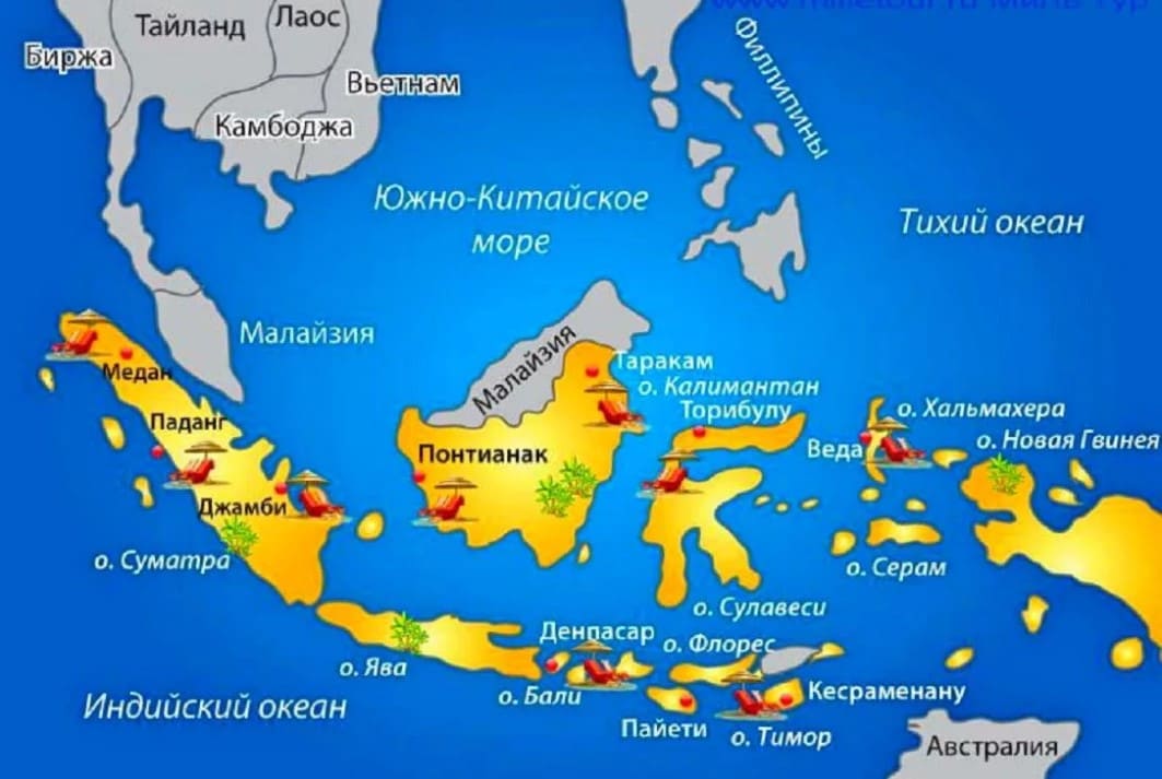 Карта индонезии с островами на русском языке подробная с городами