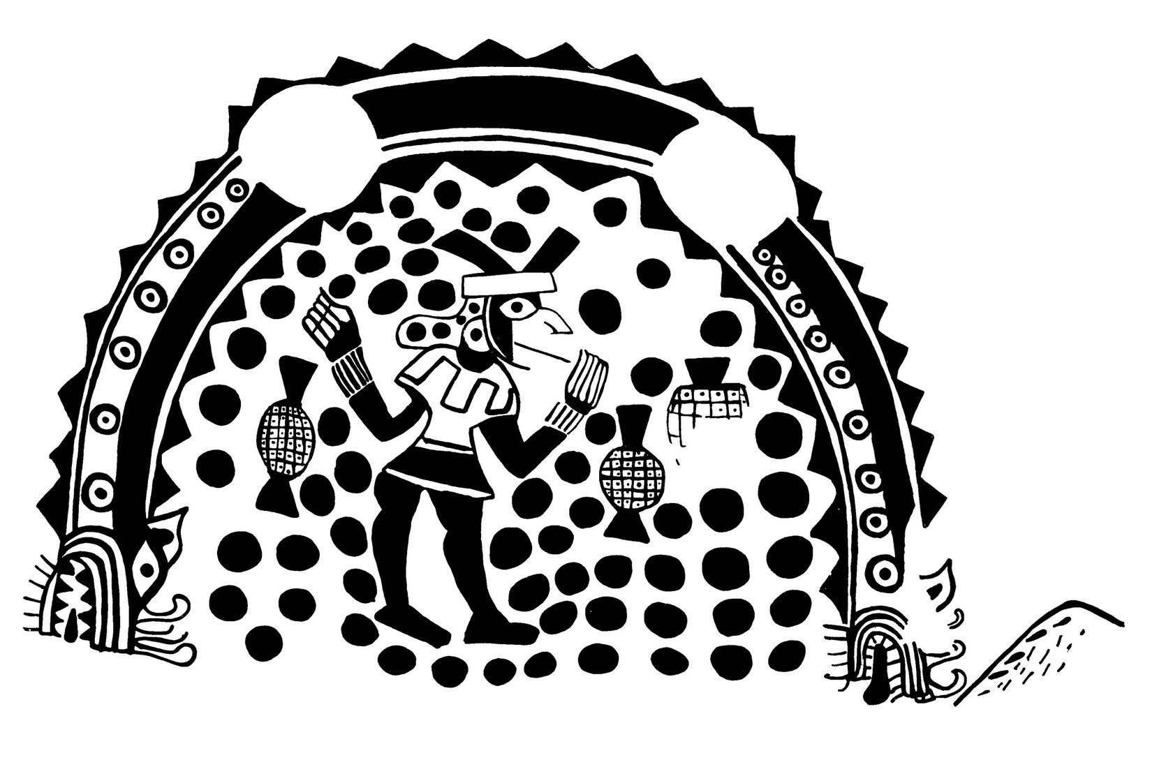 Сосуд с изображением ритуала потребления коки. Моче, Перу, 500 - 700 гг. н.э. Коллекция Museo de Arqueologia de la Universidad de Trujillo. Прорисовка Christopher B. Donnan and Donna McClelland Moche Archive, 1963-2011.