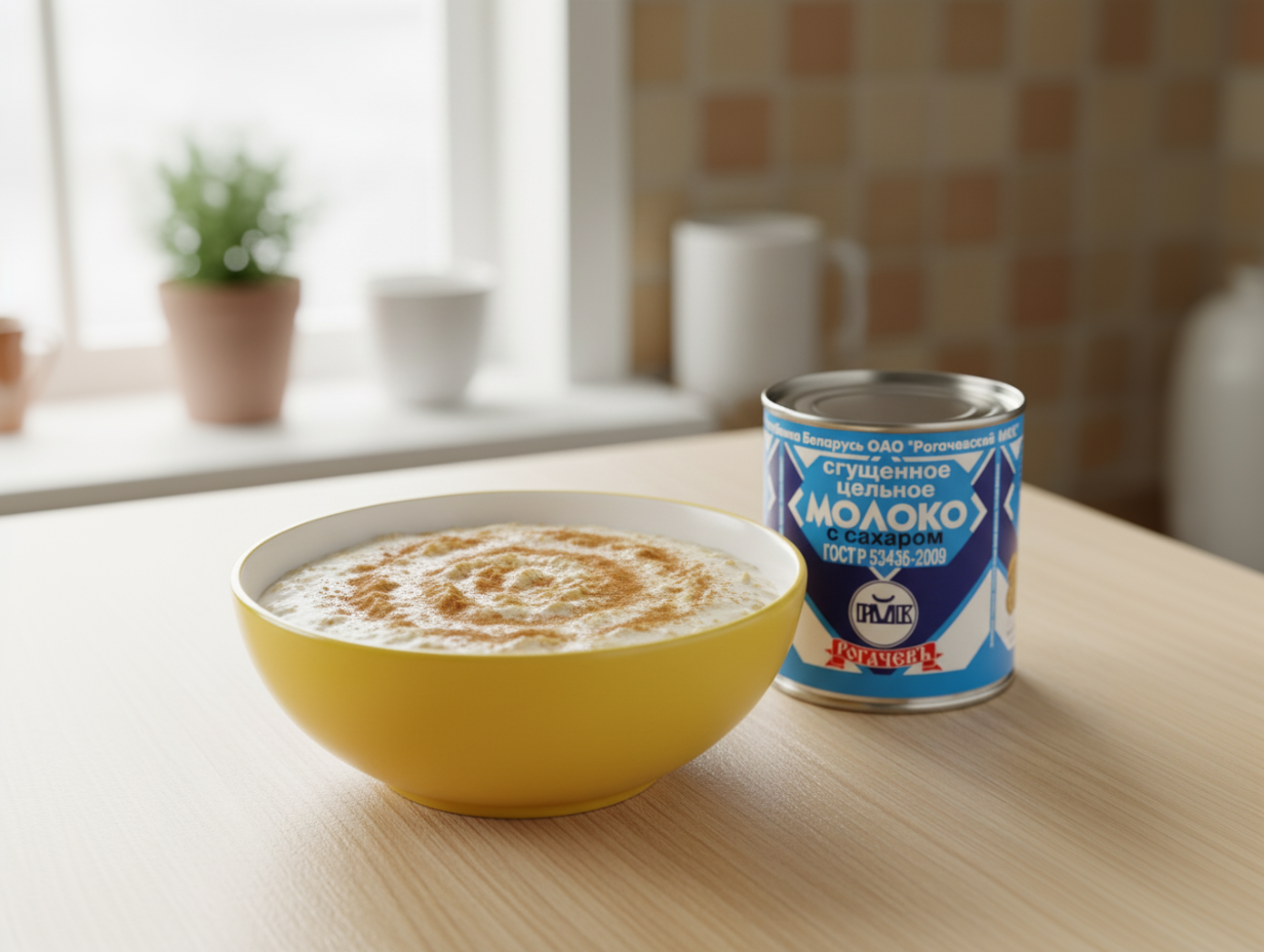 Тарелка овсяной каши, политая сгущённым молоком и посыпанная корицей, рядом банка сгущёнки