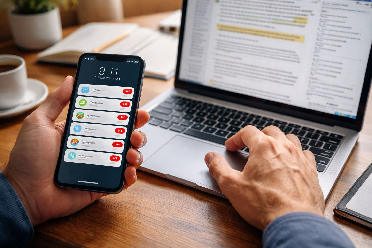 Tangan memegang ponsel dengan banyak notifikasi di dekat laptop kerja, menunjukkan distraksi digital yang membuat fokus mudah pecah