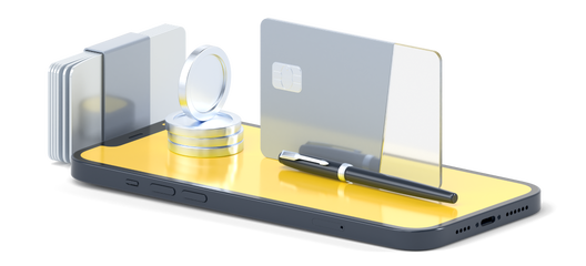 3D модель, рисунок - сартфон, ручка, монеты и прозрачная карта