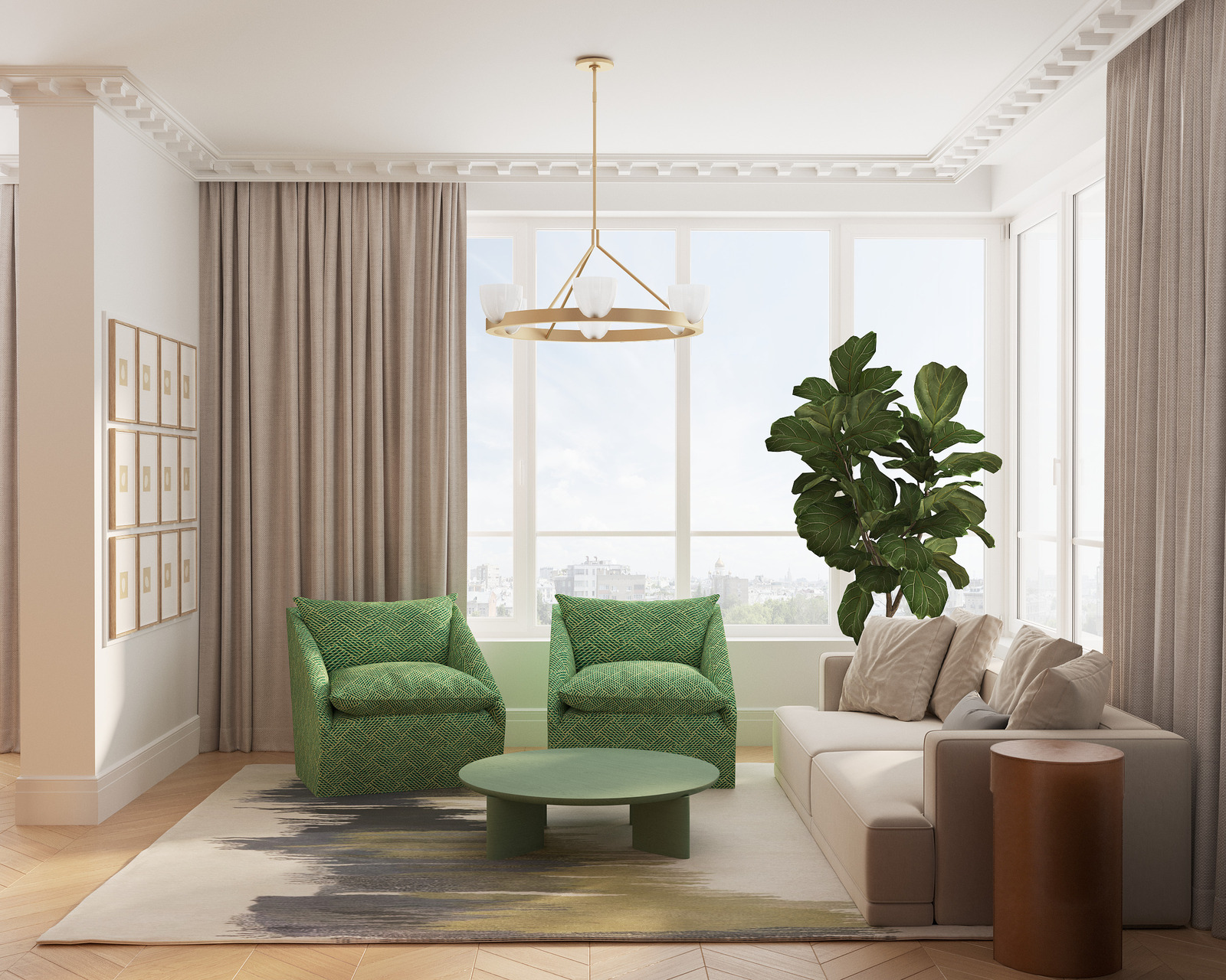 Кресла Kelly Wearstler, журнальный стол Leolux и диван Molteni в гостиной дизайн-проекта Екатерины Фёдоровой