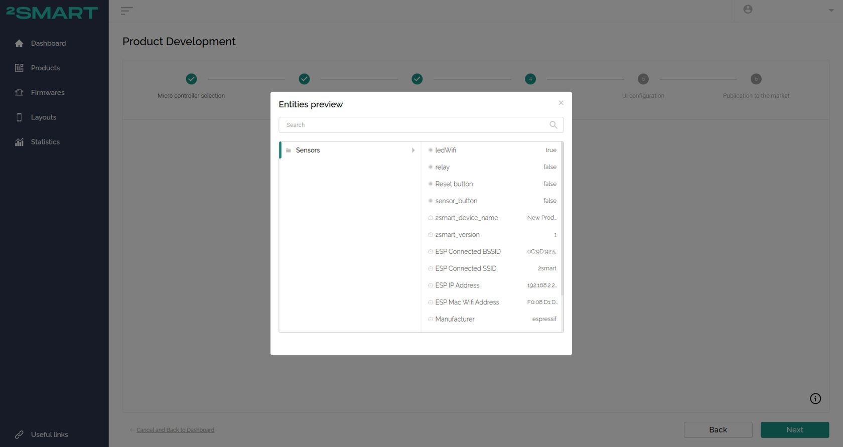 Device sensor status preview window