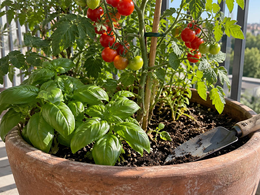 Cherry tomato and basil sharing a container as balcony companion plants
