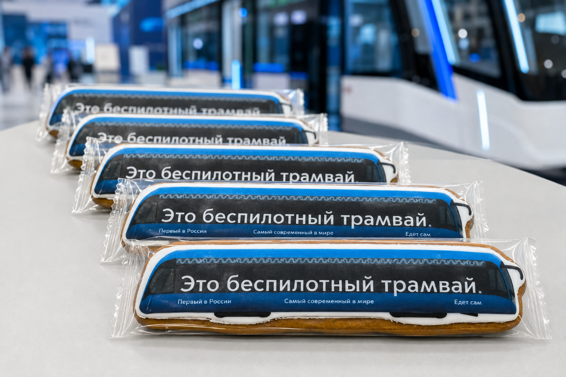Брендированные пряники в виде беспилотного трамвая для презентации нового продукта