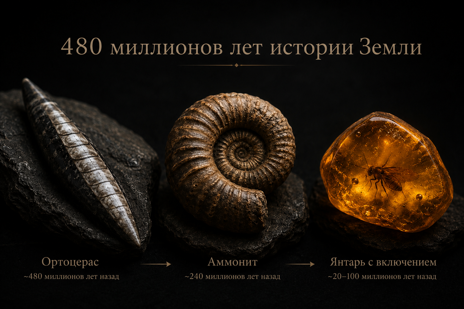 Самые древние окаменелости в украшениях: ортоцерас возрастом около 480 миллионов лет аммонит и янтарь с древним насекомым