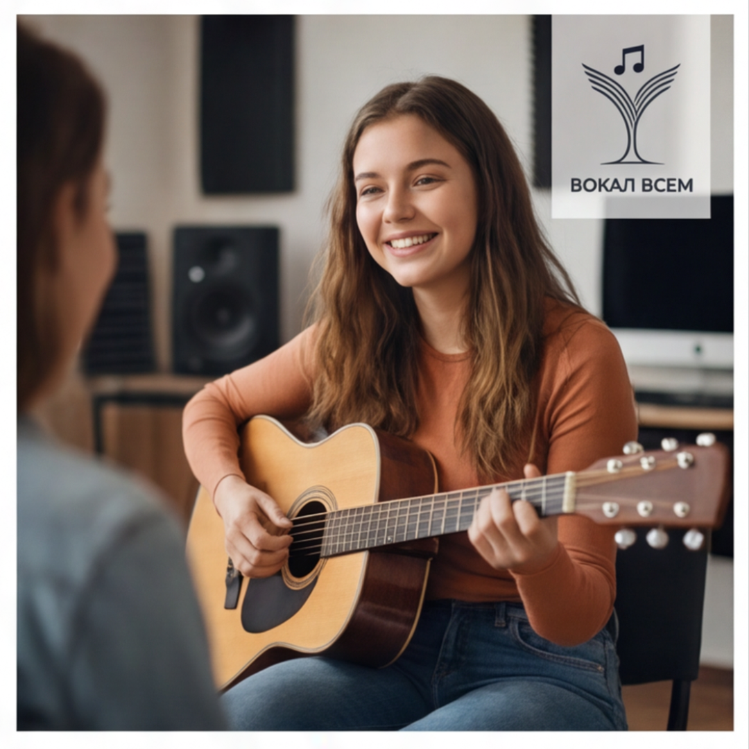 Ученица играет простые аккорды на акустической гитаре на уроке в Москве
