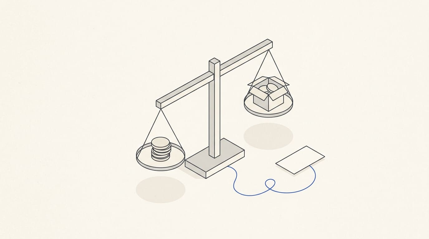 Scales with coins and an order box beside an enquiry card, illustrating costs compared with revenue.