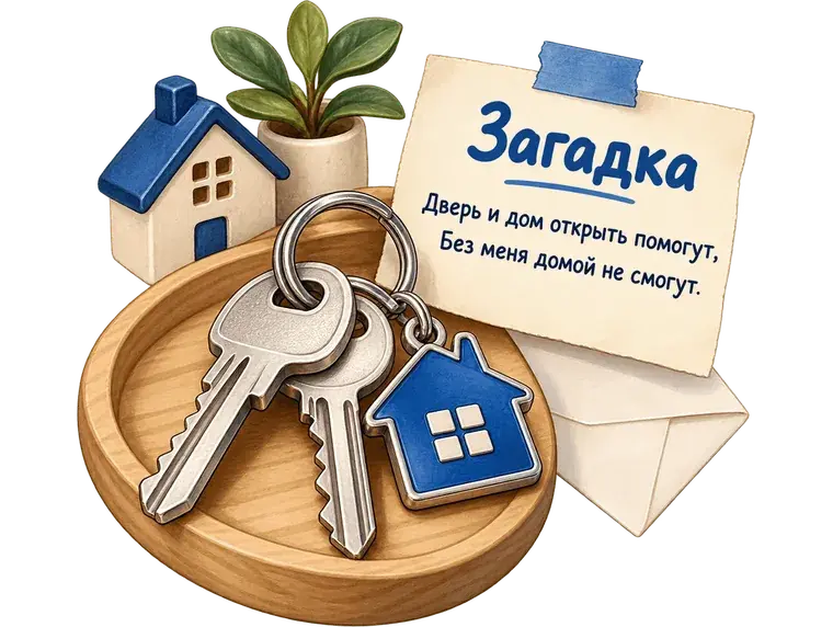 Связка ключей с брелоком-домиком на деревянном подносе и записка-загадка для домашнего квеста