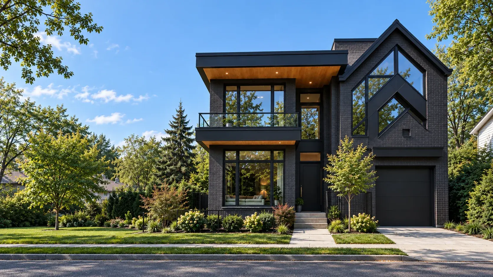 Modern Brick 147: двухэтажный дом 147 м² с тёмной кирпичной облицовкой, панорамными окнами, балконом и встроенным гаражом