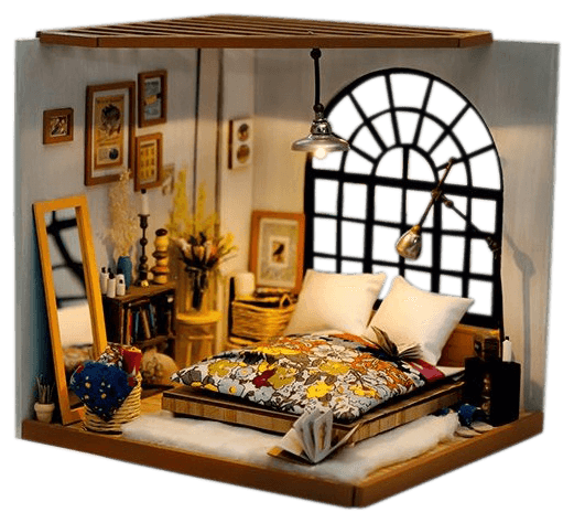 DIY roombox miniature bedroom constructor with mirror carpet basket window and furniture