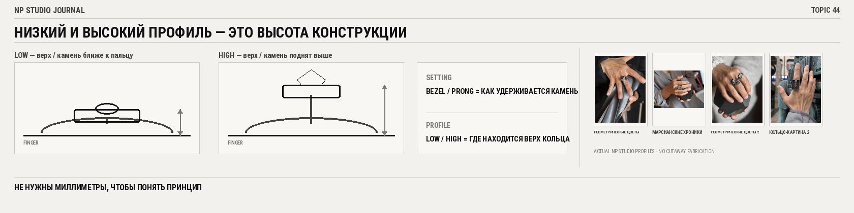 Низкий и высокий профиль кольца: высота камня и верхней конструкции относительно пальца, отдельно от типа закрепки