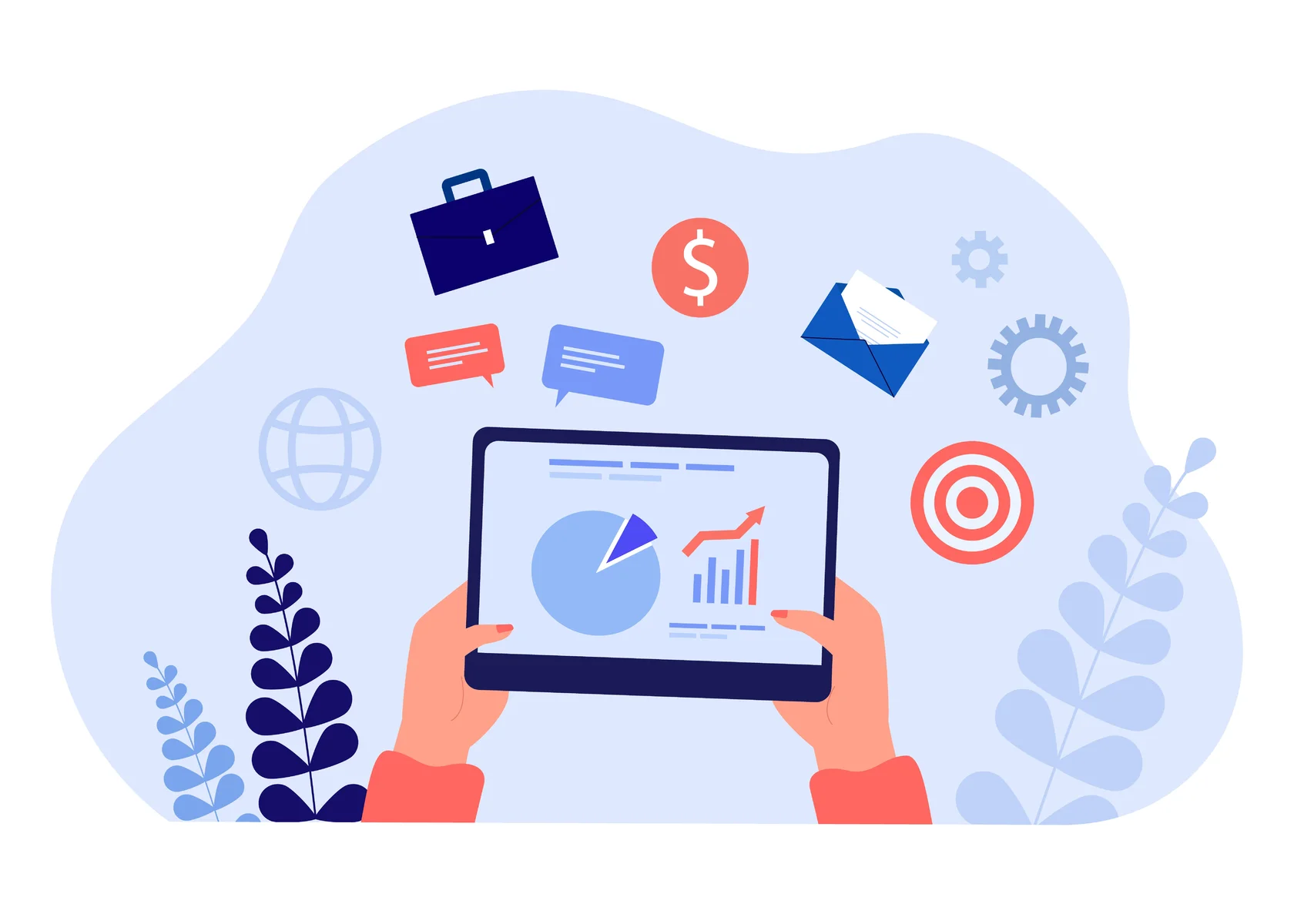 Руки держат планшет с бизнес-планом или статистикой на экране.