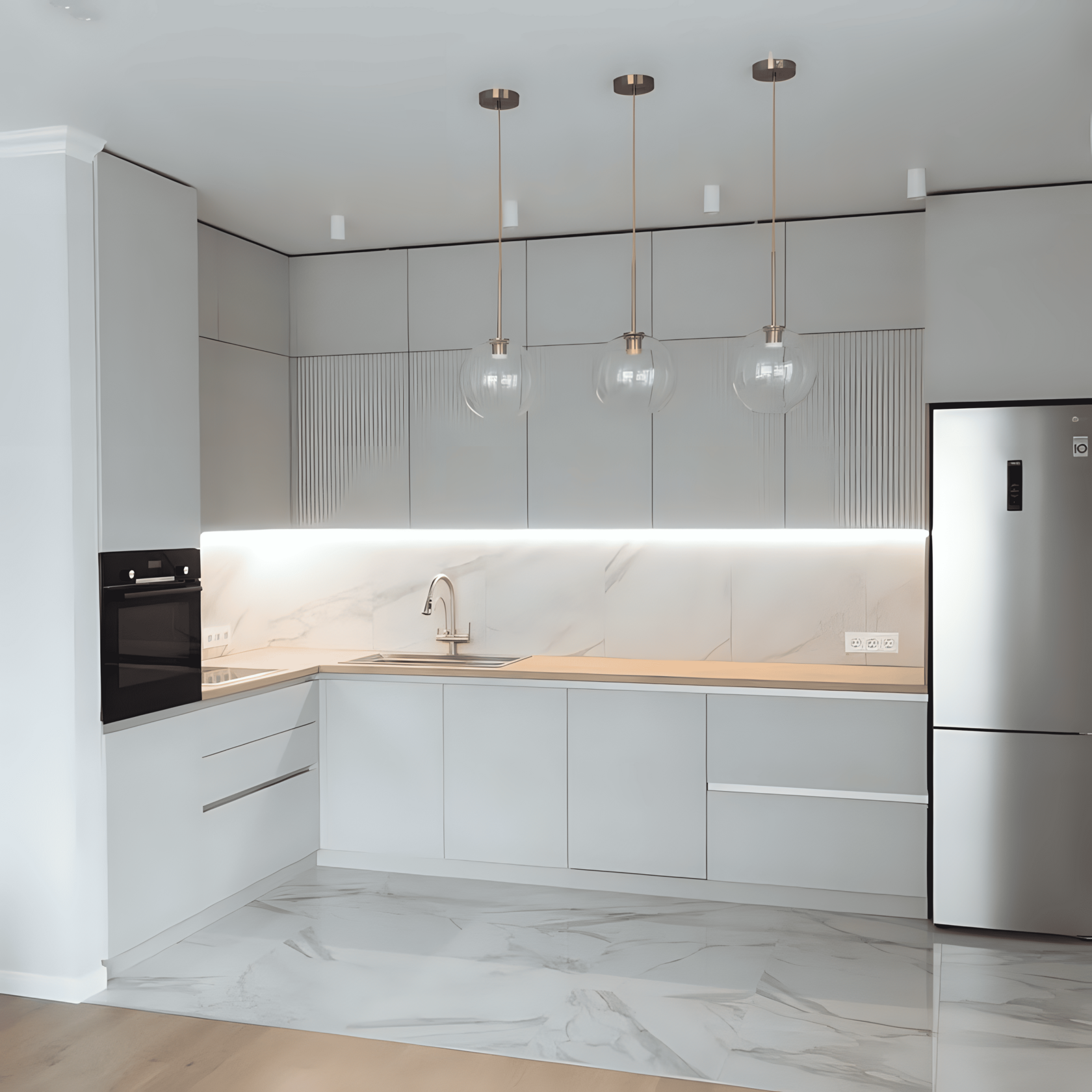 Современная угловая кухня с белыми фасадами и подсветкой 