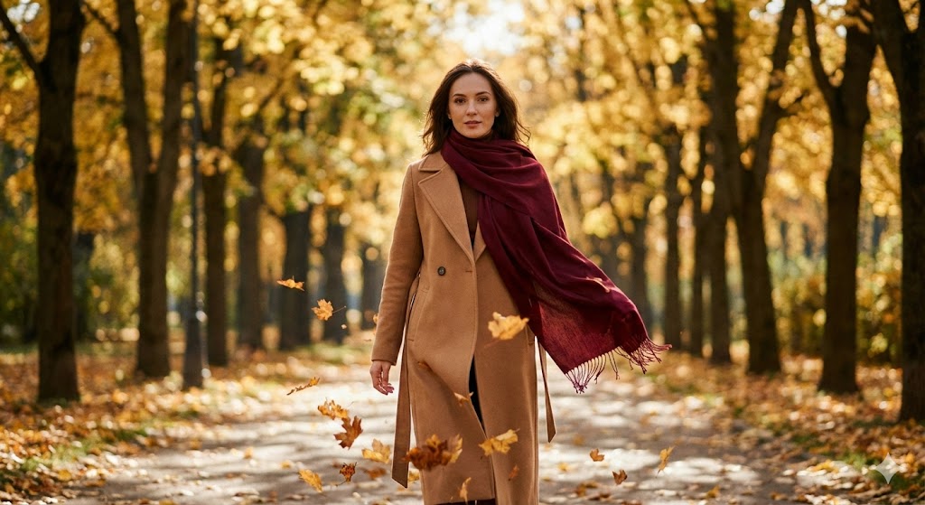 Осенняя фотосессия в парке — девушка в пальто среди падающих листьев