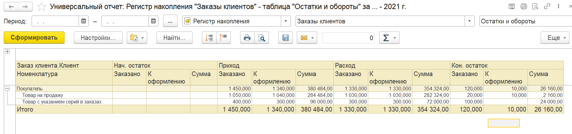 1С Комплексная автоматизация и ERP 2: Ведомость по заказам по клиентам и номенклатуре