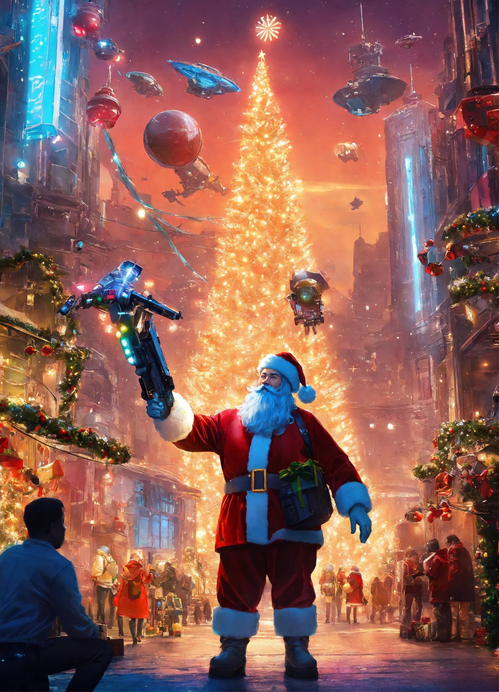 Дед Мороз в окружении дронов и летательных аппаратов с необычным устройством для выполнения желаний в руке на фоне ярко горящей огнями рождественской ели
