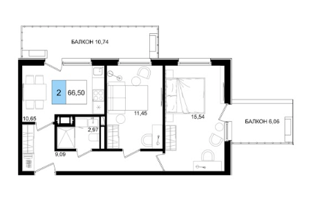 Планировка 2-комнатная 66,50 м²
