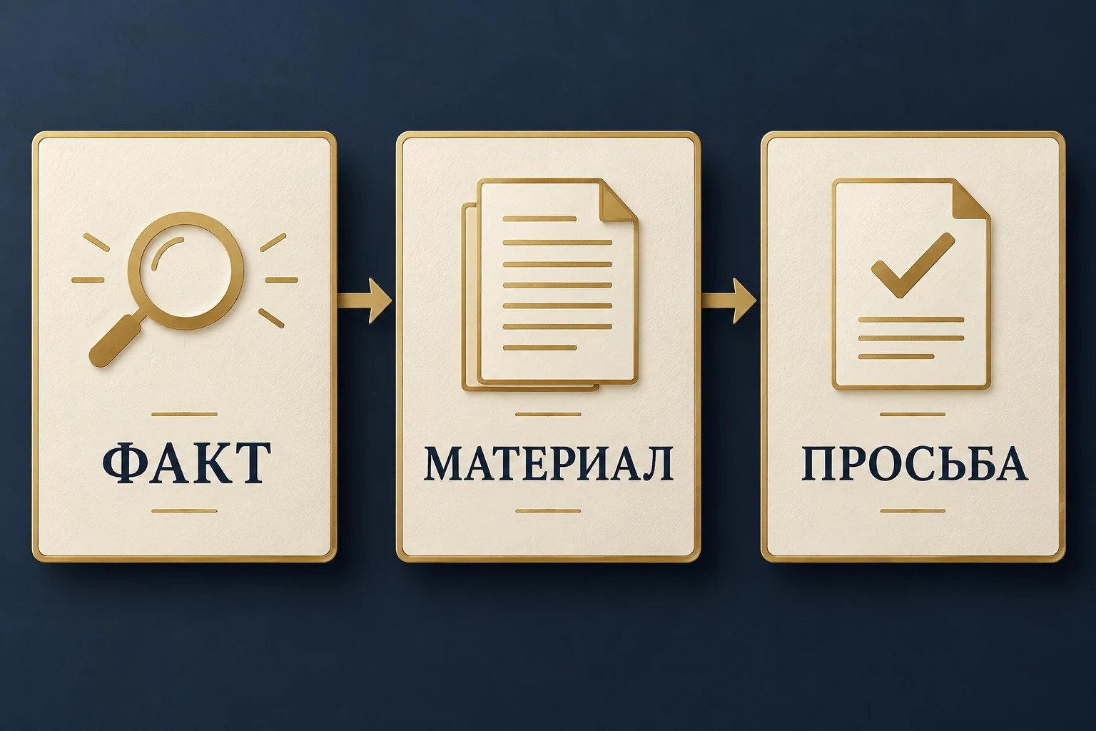 Концептуальная схема подготовки ходатайства: обстоятельство, подтверждающий материал, просьба о действии