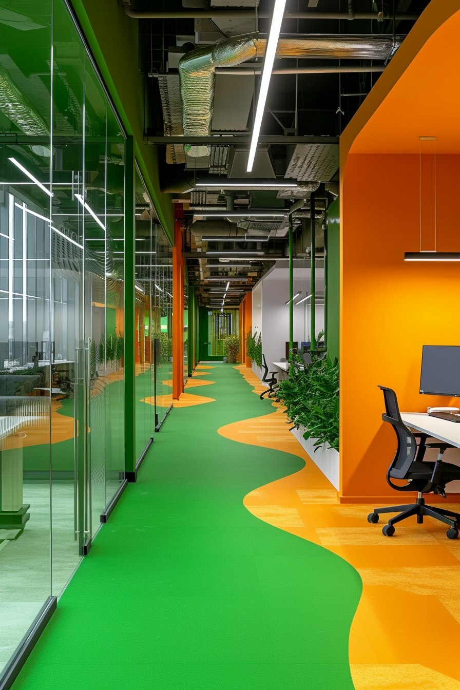 Зелено-оранжевые полы в офисе