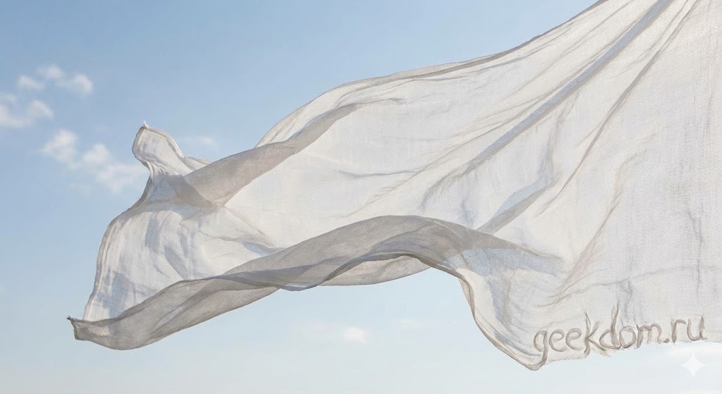 Белая полупрозрачная ткань развевается на ветру на фоне неба.
