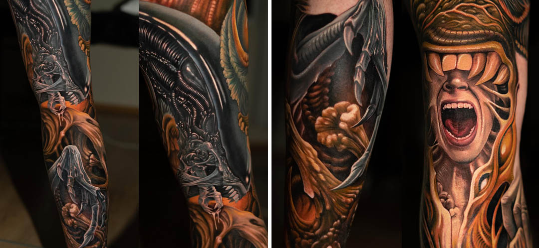 Large-scale leg sleeve tattoo inspired by the work of HR Giger, featuring elements from Alien, organic forms, and deep shadows, by Rinat Mingazdinov, Los Angeles, West Hollywood.