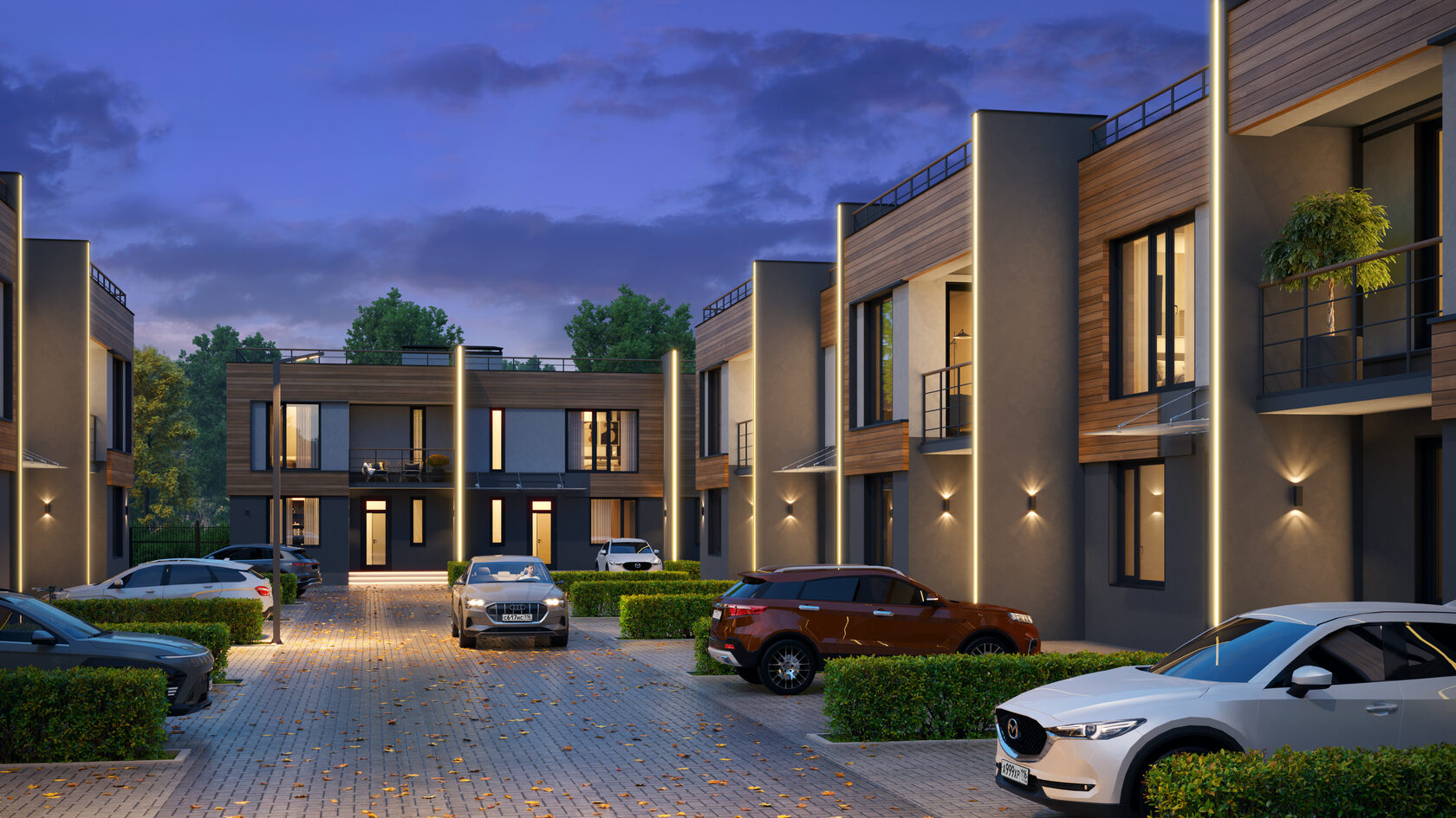 вечерняя 3д визуализация, 3д визуализация таунхауса 