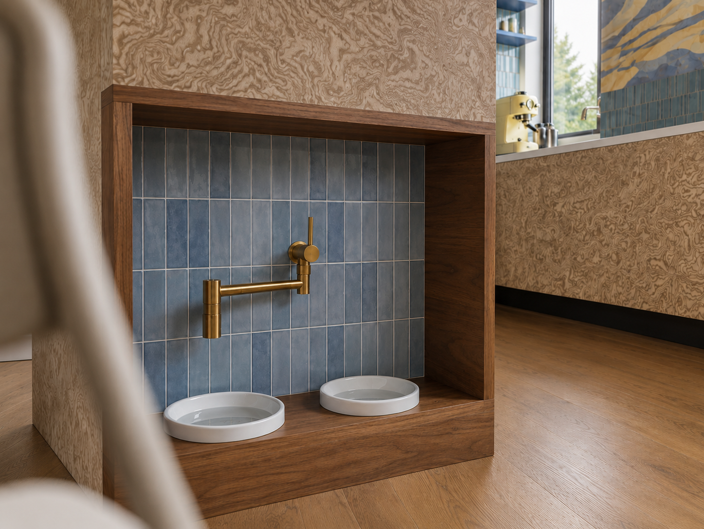 Kitchen island detail with integrated pet bowls and brass tap
