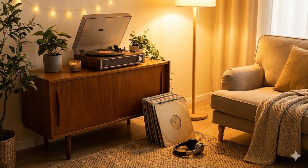 Виниловый проигрыватель и наушники в уютном домашнем интерьере.