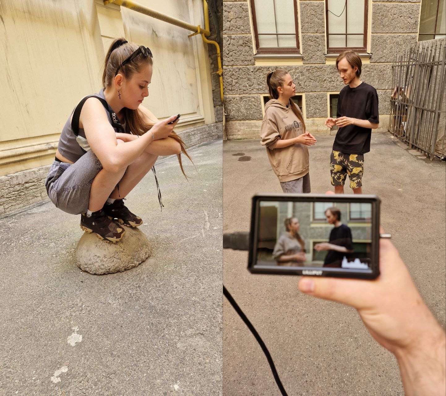 фотографии Саши Милёшиной и Паши Паршикова во время съёмок Дневника Разработки по игре Война Миров Сибирь