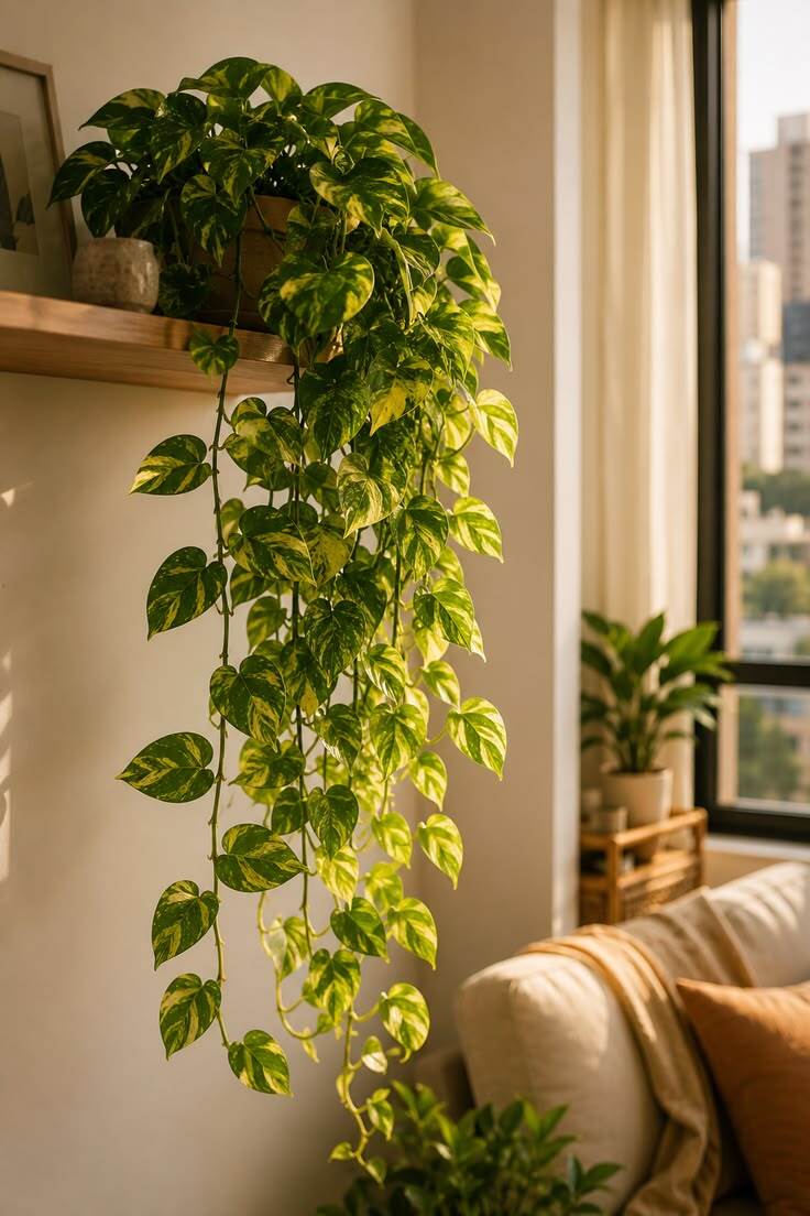 Potted plant on wooden shelf