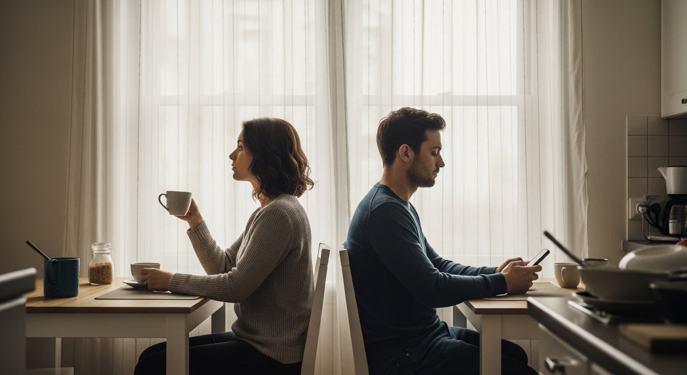 Пара за завтраком в тишине — мужчина смотрит в телефон, женщина смотрит в окно, между ними эмоциональная дистанция