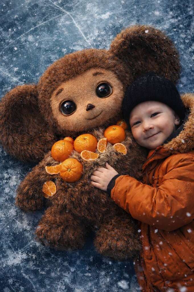 Ребёнок с медведем и мандаринами