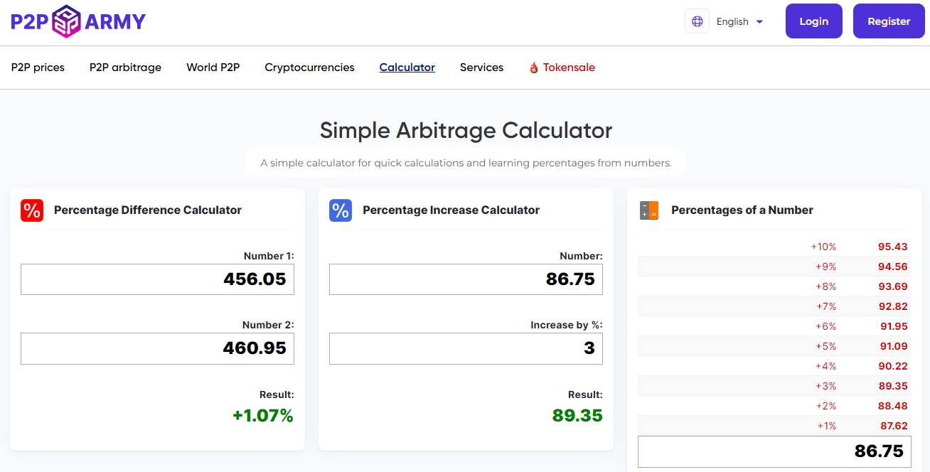 P2P.Army simple arbitrage calculator for arbitrage trading