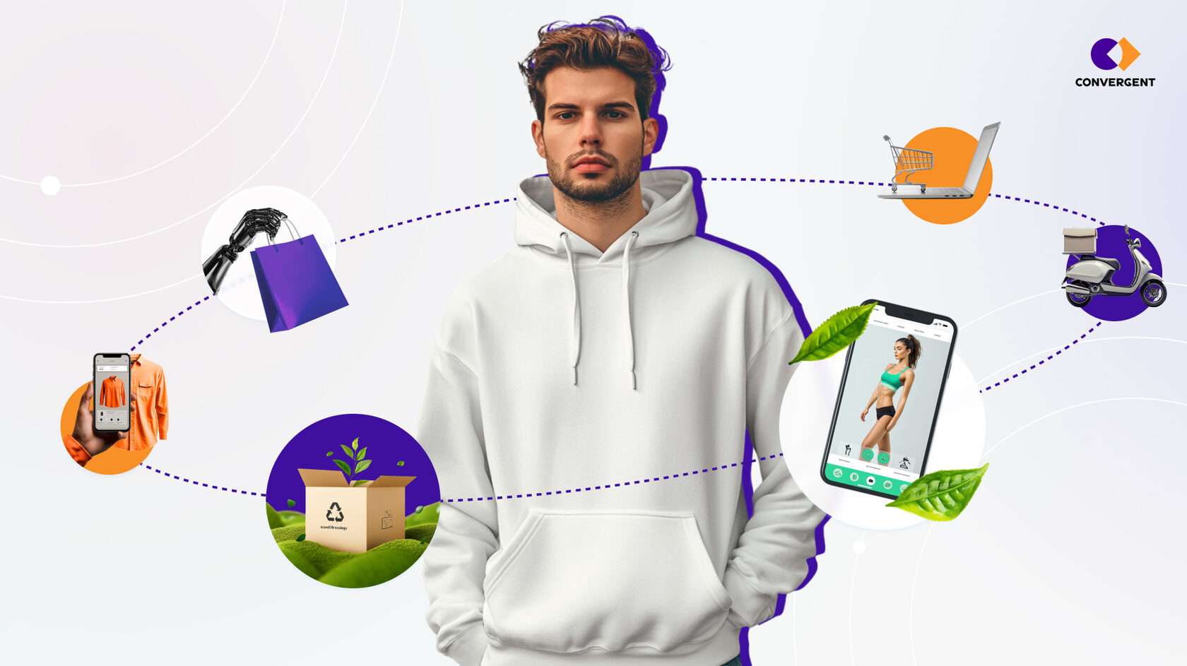 Молодой мужчина и вокруг него витают различные ритейл-атрибуты