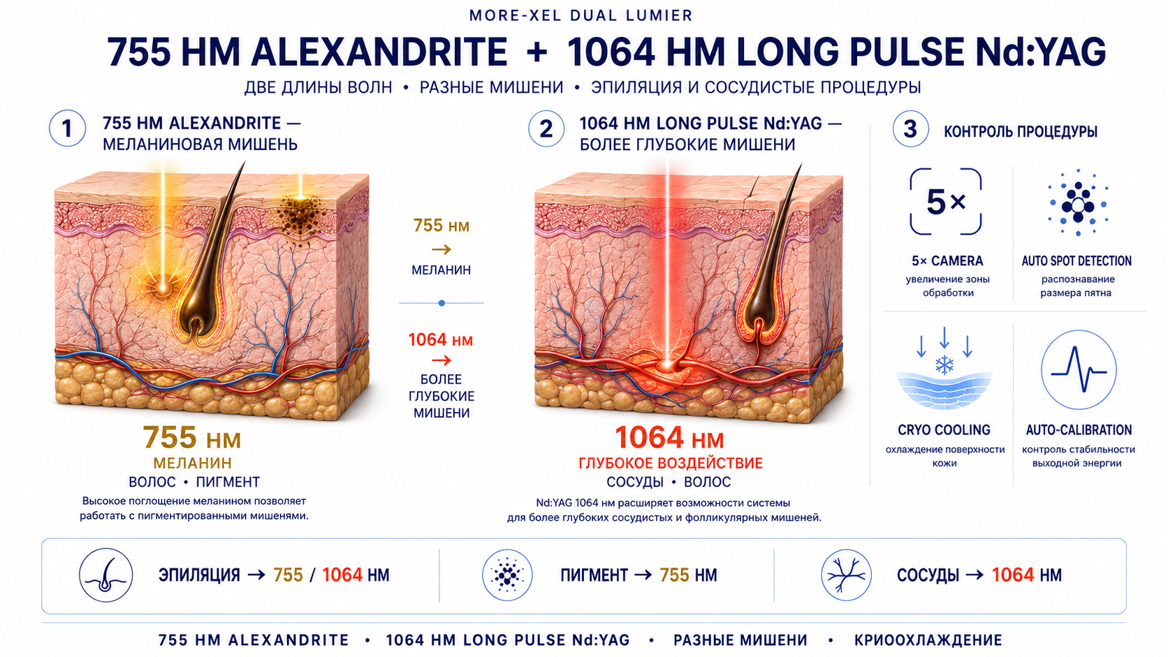 More-Xel Dual Lumier 755 нм Alexandrite и 1064 нм Long Pulse Nd:YAG