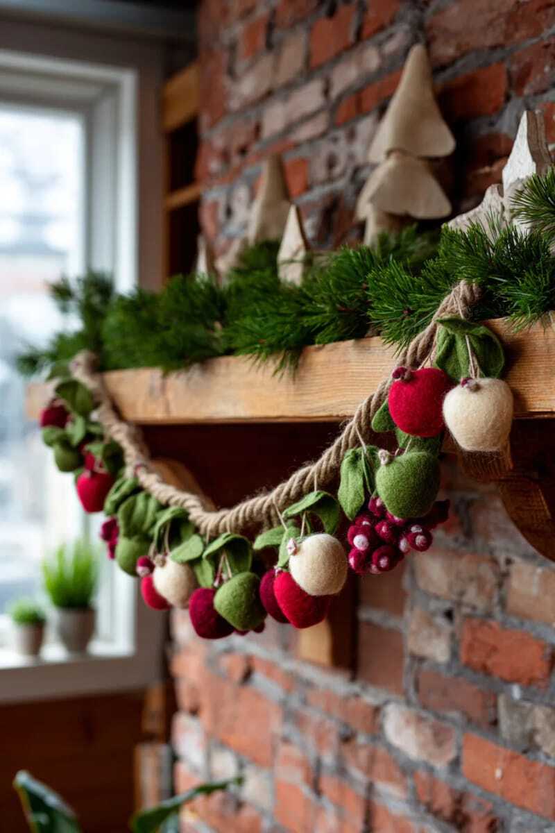 Войлочная гирлянда из фруктов с яблоками, грушами и клюквой для создания деревенского стиля.