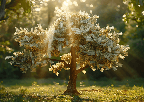 Дерево с деньгами на ветвях, символизирующее три закона денег в китайской метафизике