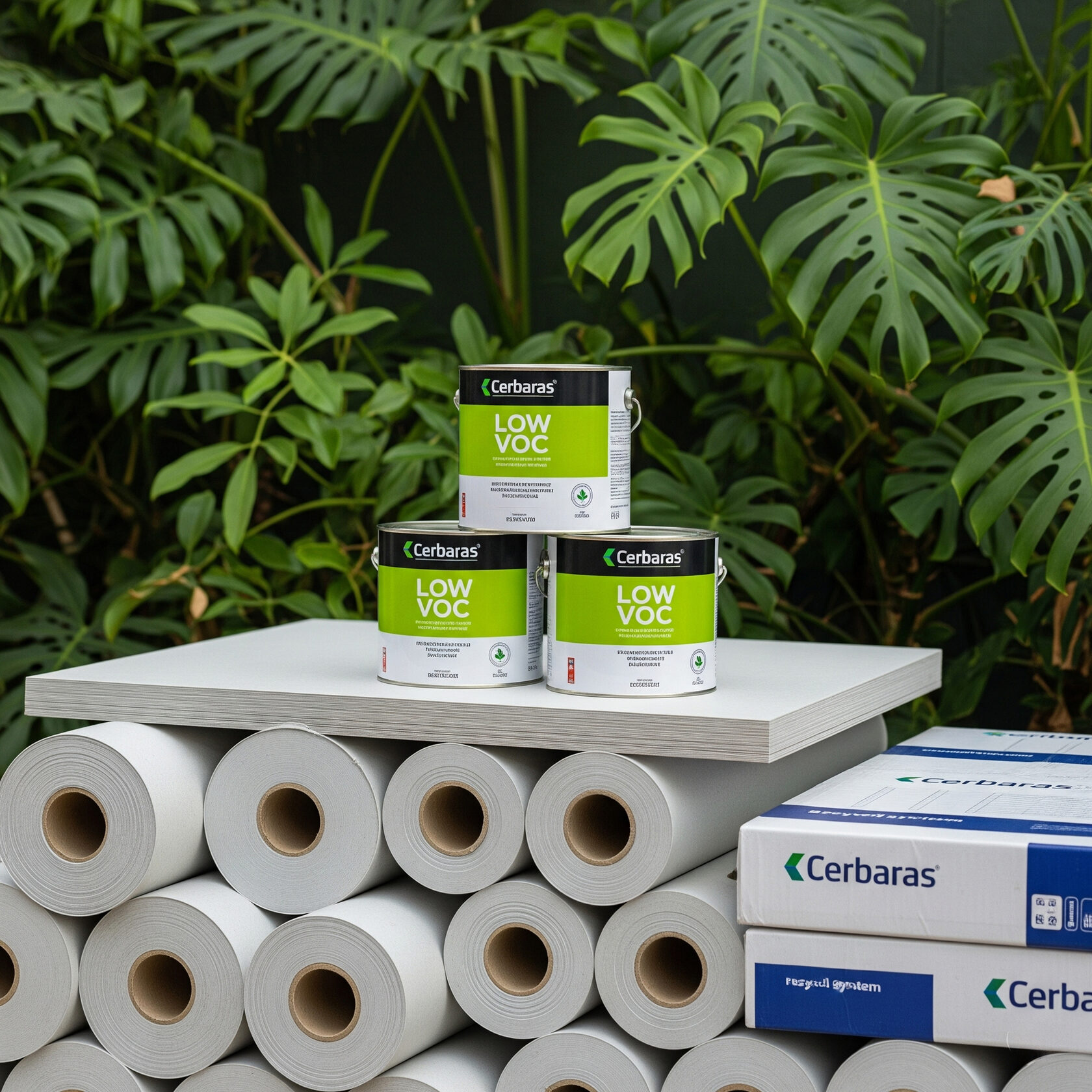 Alt text: A display of Cerbaras Low VOC paint cans stacked on a white panel, surrounded by rolls of white paper and a boxed set of Cerbaras products, set against a lush green plant background.