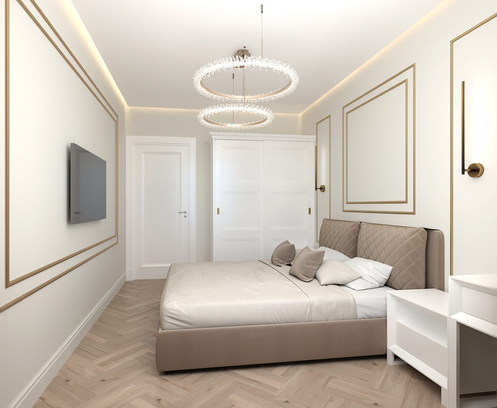 дизайн интерьера светлой спальни с коричневыми молдингами, коричневой кроватью, закарнизной подсветкой, современной люстрой, белой дверью и шкафом