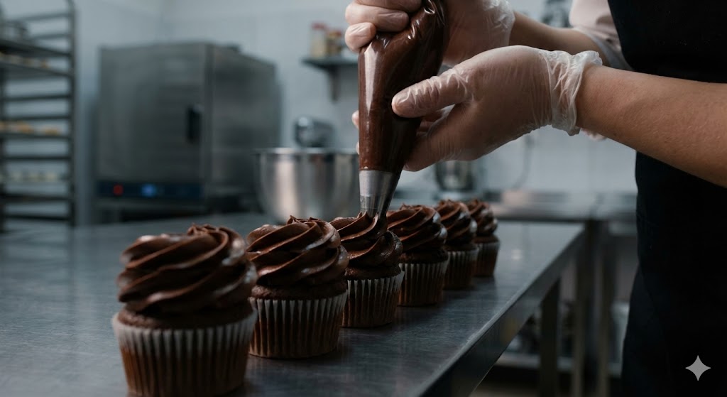 Процесс украшения шоколадных кексов кремом из кондитерского мешка на профессиональной кухне. 