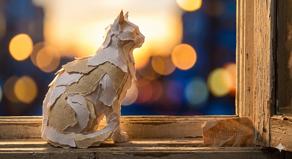 Скульптура кошки из многослойной бумаги на фоне закатного города, День кошек в России.