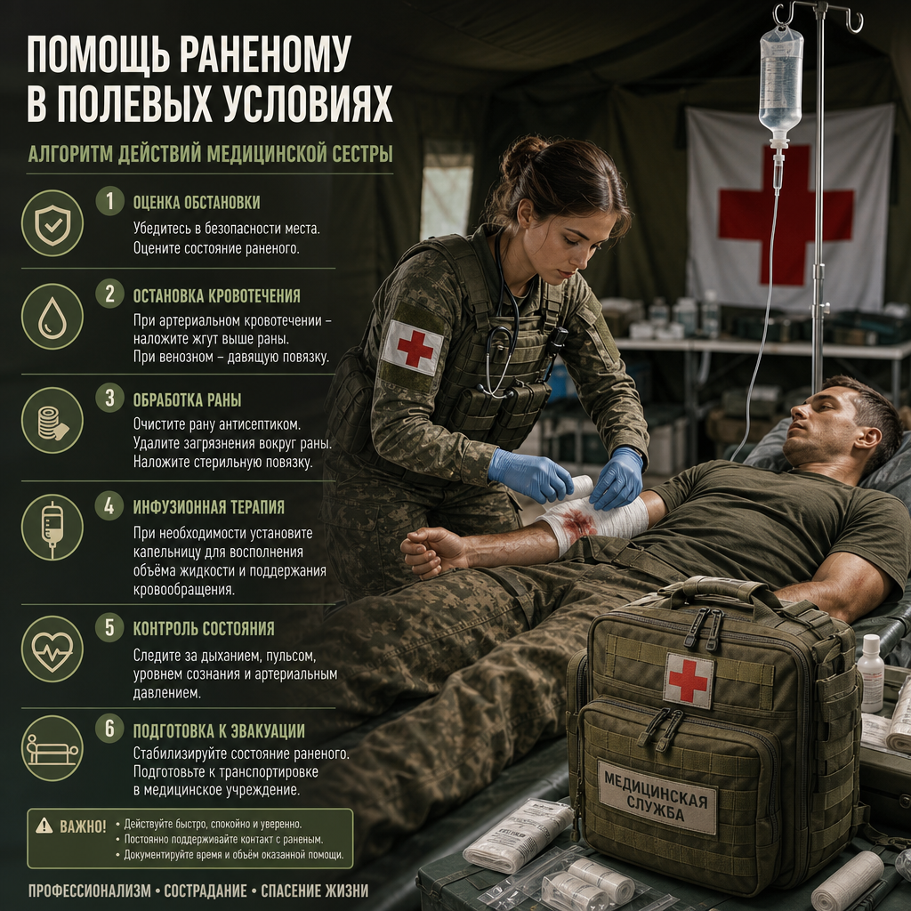 Медицинская сестра в полевой форме оказывает помощь раненому военнослужащему в условиях полевого медицинского пункта — перевязка, капельница, медицинская сумка на переднем плане