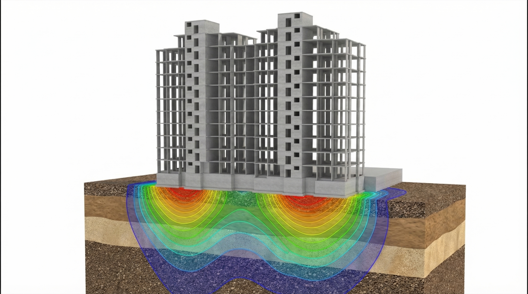 Дорисуй к этой картинке грунты, на которых стоит здание и изопооля напряжений в грунте