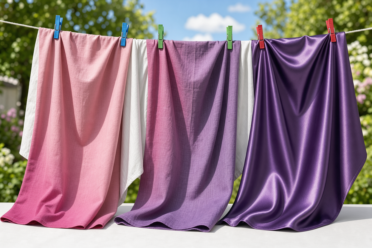 Fresh bed sheets hanging on a clothesline outdoors and close-up of different fabric textures: cotton, linen, satin