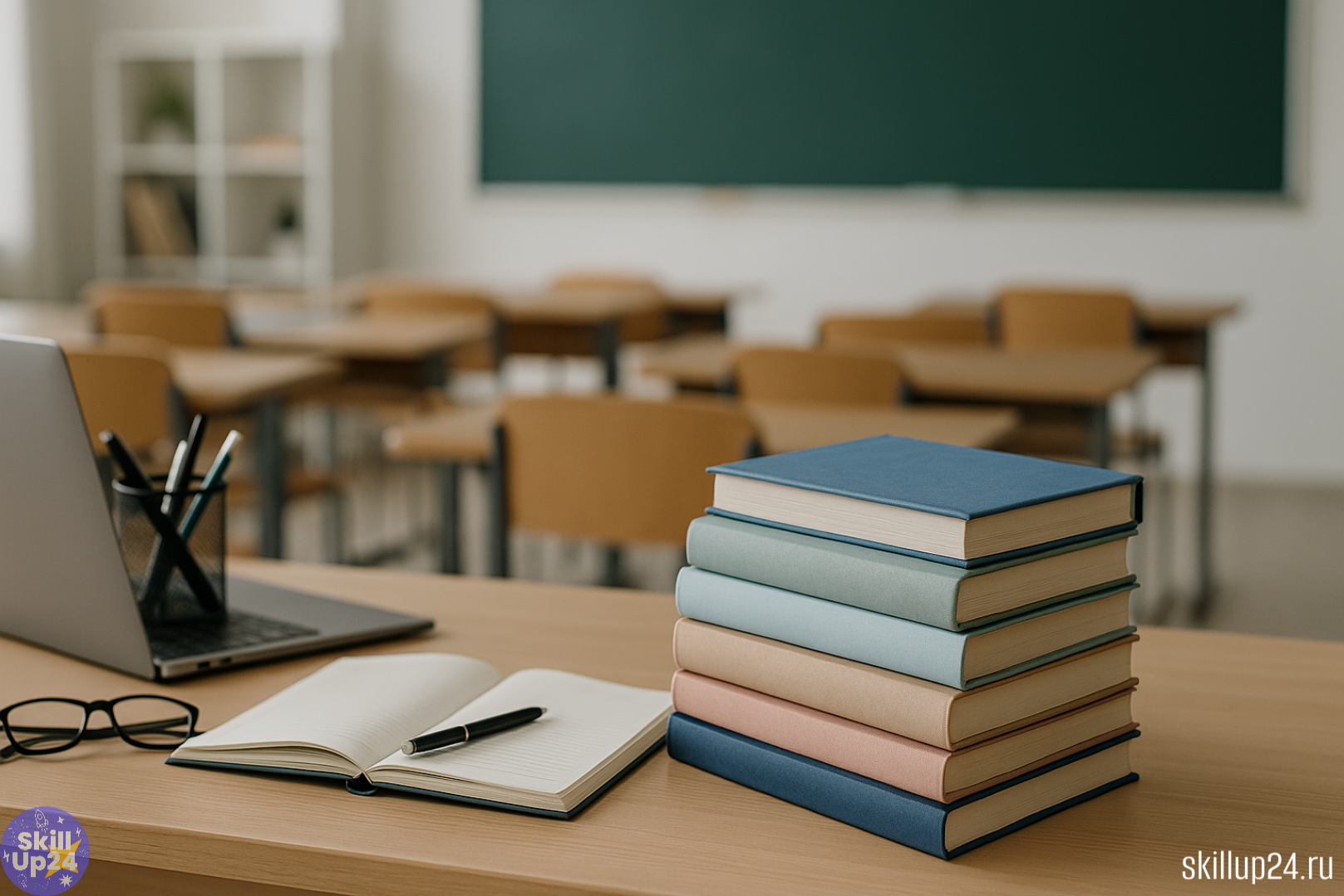 Учительский стол в современной школе: аккуратная стопка учебников без надписей, открытый ноутбук, очки и тетрадь — атмосфера выбора новых учебников и изменений в образовательной системе. Светлый класс, мягкий естественный свет, современная обстановка. Фот