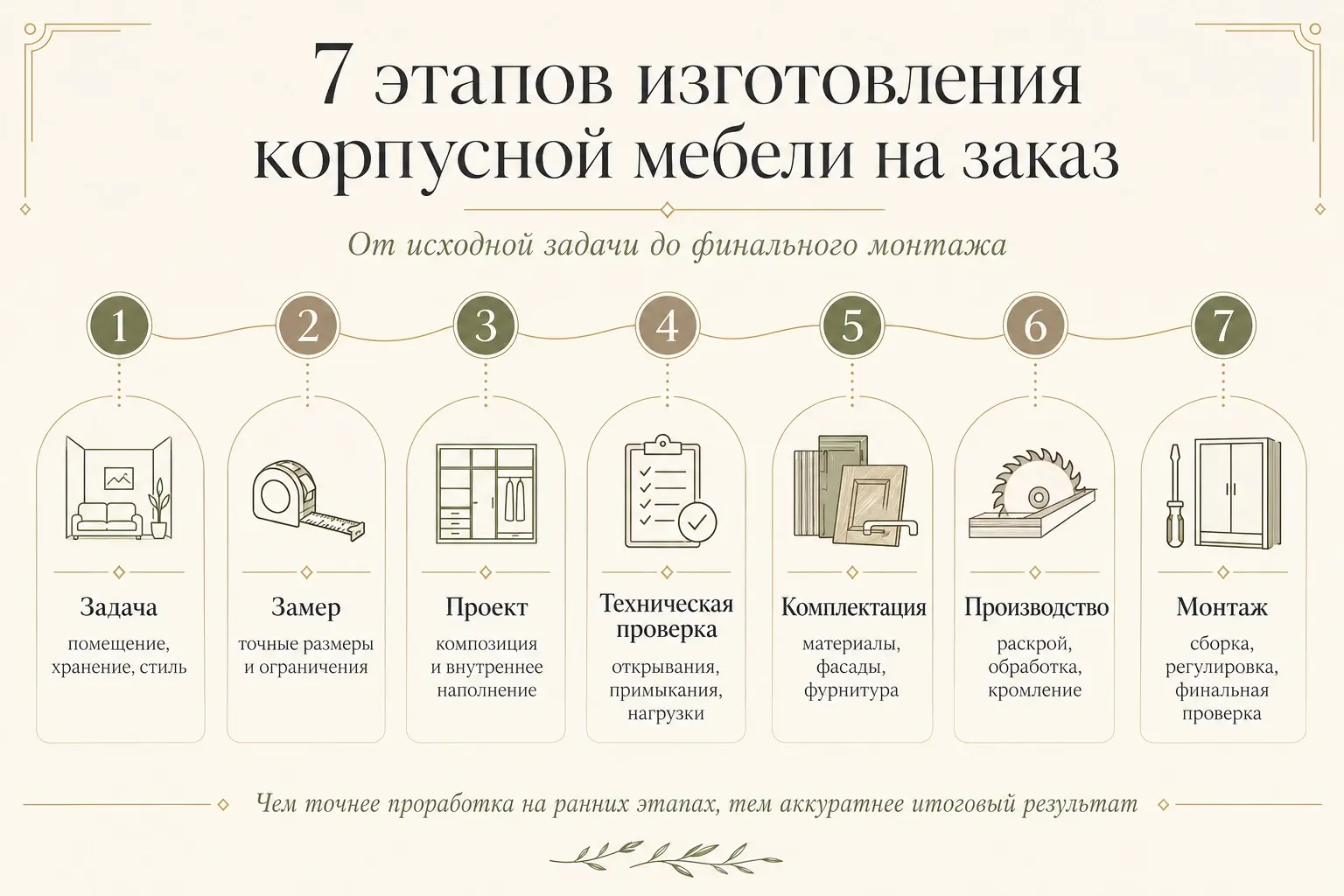 Инфографика: 7 этапов изготовления корпусной мебели на заказ