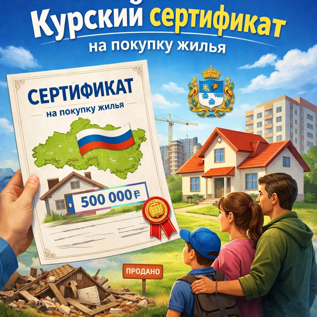 Иллюстрация к статье о Курском сертификате на покупку жилья: в руках держат жилищный сертификат с картой Курской области и суммой выплаты, на фоне — семья с ребёнком смотрит на новый частный дом, рядом строительный кран и городские дома, внизу изображён разрушенный дом как символ утраченного жилья.