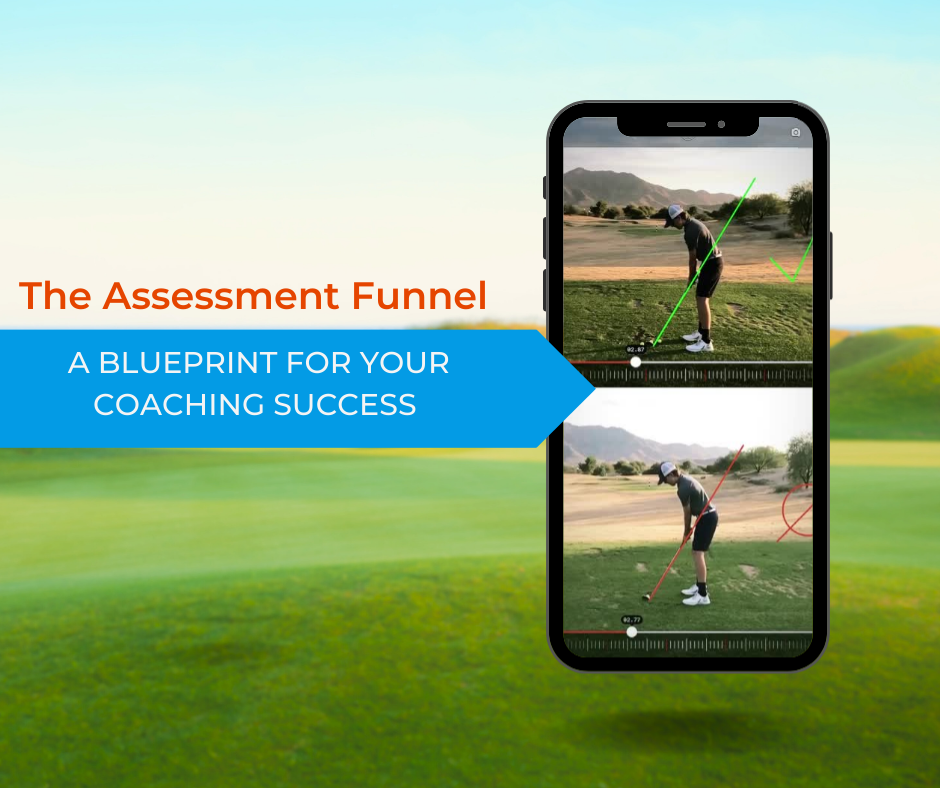 coachnow the assessment funnel a blueprint for your coaching success on a golf course grass background. an iphone 15 shows two screengrabs of a video of a man swinging a golf club with red and green lines drawn over it.